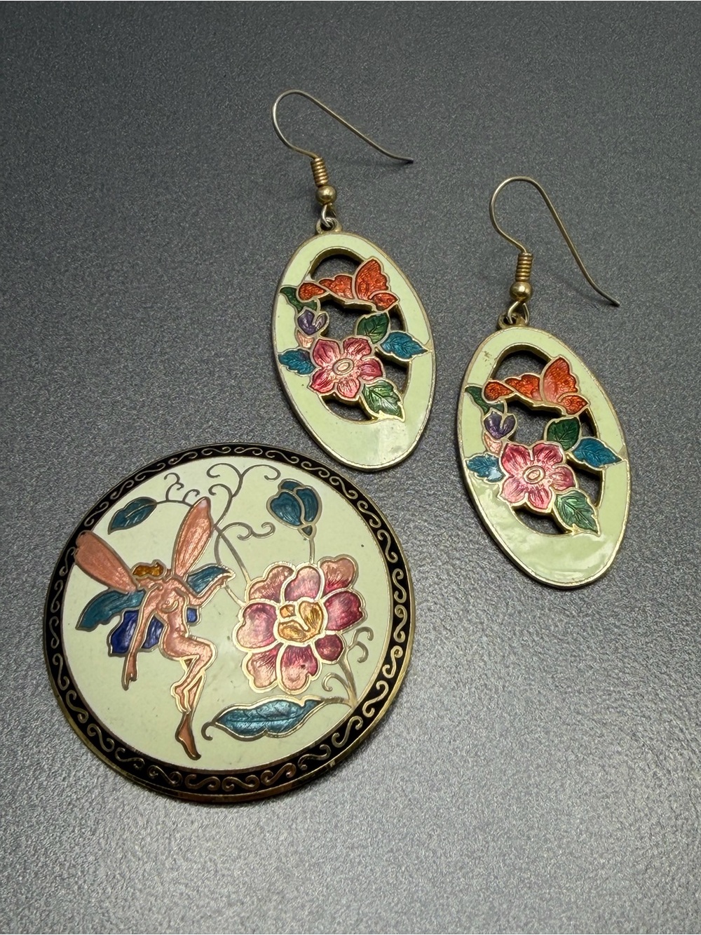 Floral Cloisonné Pink & Green Earrings and Brooch Set